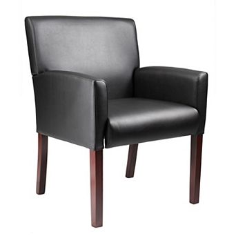 Nick Reception Guest Armchair, Soft Black Vinyl, Mahogany Brown Finish