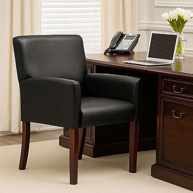 Nick Reception Guest Armchair, Soft Black Vinyl, Mahogany Brown Finish