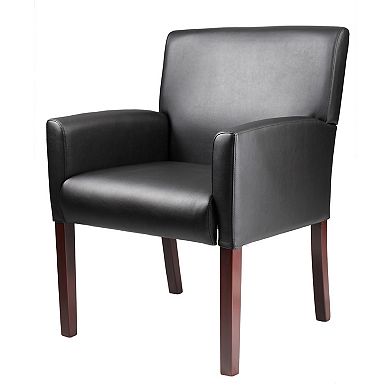 Nick Reception Guest Armchair, Soft Black Vinyl, Mahogany Brown Finish