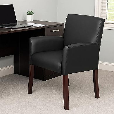 Nick Guest Armchair, Black Vinyl, Mahogany Brown Finish, Lumbar Support
