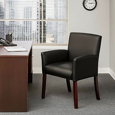 Nick Guest Armchair, Black Vinyl, Mahogany Brown Finish, Lumbar Support