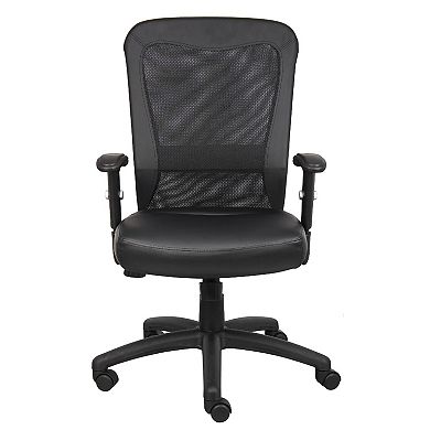 Rolling Task Chair, Black LeatherPlus Mesh, Adjustable Arms, Swivel