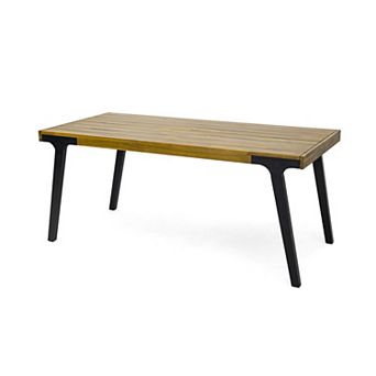 Merax Acacia Wood Patio Dining Table, 69"L Rectangle Outdoor Table, Teak Finish and Black Leg