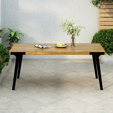 Merax Acacia Wood Patio Dining Table, 69"L Rectangle Outdoor Table, Teak Finish and Black Leg
