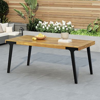 Merax Acacia Wood Patio Dining Table, 69"L Rectangle Outdoor Table, Teak Finish and Black Leg