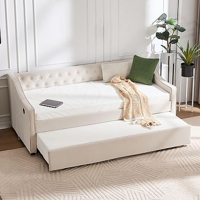 Merax Twin Velvet Daybed with Trundle USB Charging Port & Side Pockets