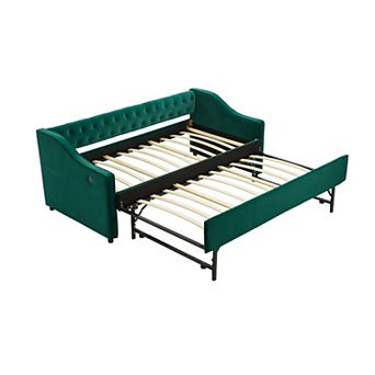 Merax Twin Velvet Daybed with Trundle USB Charging Port & Side Pockets