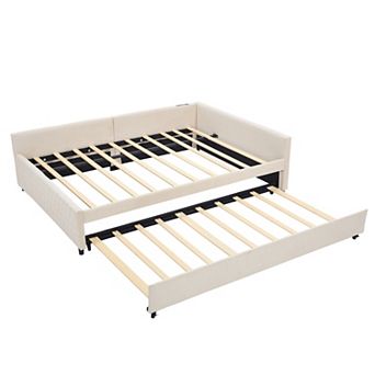 Merax L Shaped Velvet Corner Daybed with Pull Out Trundle, Modern Diamond Grid Sofa Bed