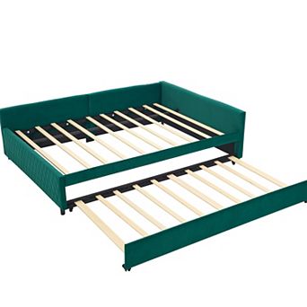 Merax L Shaped Velvet Corner Daybed with Pull Out Trundle, Modern Diamond Grid Sofa Bed