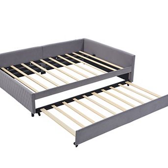 Merax L Shaped Velvet Corner Daybed with Pull Out Trundle, Modern Diamond Grid Sofa Bed