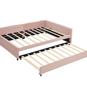 Merax L Shaped Velvet Corner Daybed with Pull Out Trundle, Modern Diamond Grid Sofa Bed