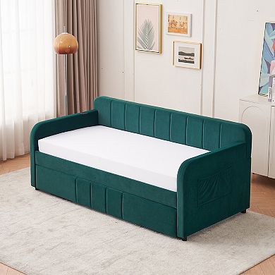 Merax Twin Size Wood Daybed with Trundle, Solid Pine Wood + MDF Frame Modern Sofa Bed