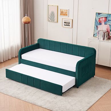 Merax Twin Size Wood Daybed with Trundle, Solid Pine Wood + MDF Frame Modern Sofa Bed