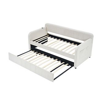 Merax Twin Size Wood Daybed with Trundle, Solid Pine Wood + MDF Frame Modern Sofa Bed