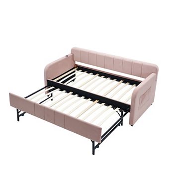 Merax Twin Size Wood Daybed with Trundle, Solid Pine Wood + MDF Frame Modern Sofa Bed