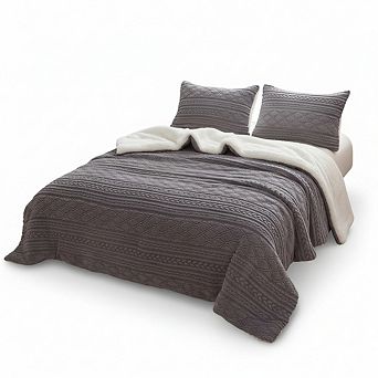 Winter Sherpa Comforter Set Queen, Reversible Fluffy Warm Boho Tufted Grey
