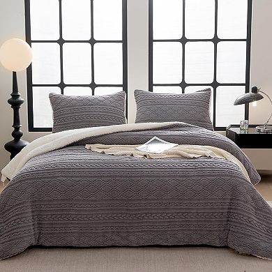 Winter Sherpa Comforter Set Queen, Reversible Fluffy Warm Boho Tufted Grey