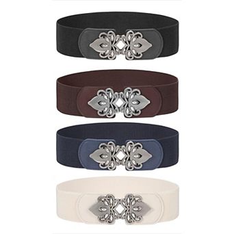 Wide Elastic Waist Belt 4 Pack Vintage Stretch with Retro Buckle