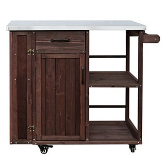 Merax Outdoor Kitchen Island Fir Wood Prep Station Lockable Kitchen Cart with Stainless Top