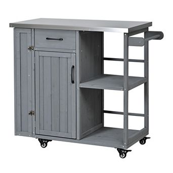 Merax Outdoor Kitchen Island Fir Wood Prep Station Lockable Kitchen Cart with Stainless Top