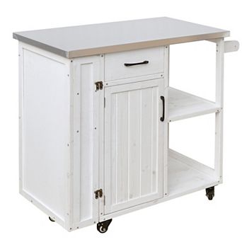 Merax Outdoor Kitchen Island Fir Wood Prep Station Lockable Kitchen Cart with Stainless Top