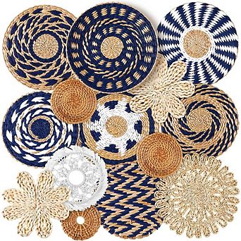 KSIZUIS 15 pc Handwoven Seagrass Wall Set - Boho Rustic Hanging Baskets in Classic Blue