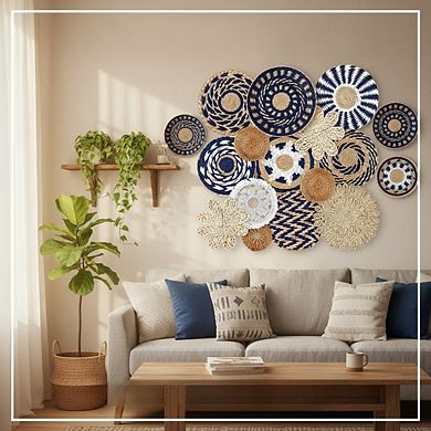 KSIZUIS 15-Pc Handwoven Seagrass Wall Set - Boho Rustic Hanging Baskets in Classic Blue