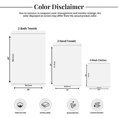 Towels Pack of 8 Towels Set, 2 Extra Large Bath, 2 Hand, 4 Washcloths, Cotton, Lighter Weight