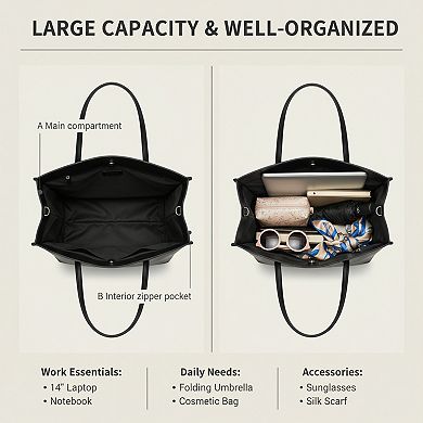 Zipper Tote Bag Faux Leather Shoulder Satchel for Casual Work