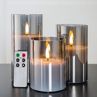 Smoke Grey Glass Flameless Pillar Candles, Flickering LED Battery Candles Table Decor Set of 3
