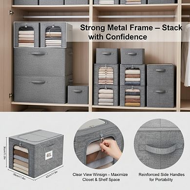 KSIZUIS Metal-Frame Storage Bin with Window - 6-Pack 40L Stackable Sweater Box, Clear Lid