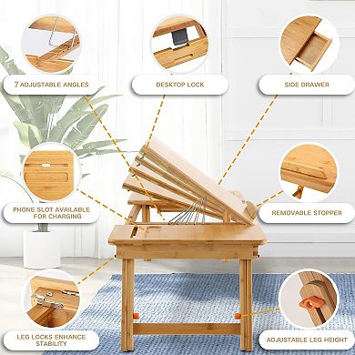 KSIZUIS Bamboo Adjustable Lap Desk - 7-Tilt Angles & 4 Latches, Large 27.95"x13.8" Foldable Tray