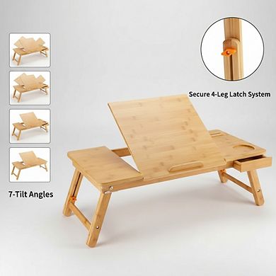 KSIZUIS Bamboo Adjustable Lap Desk - 7-Tilt Angles & 4 Latches, Large 27.95"x13.8" Foldable Tray