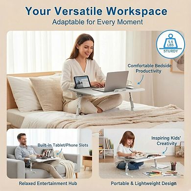 KSIZUIS Leather Top Bed Desk - XL Adjustable & Foldable Tray with Drawer for Bed, Couch, Floor