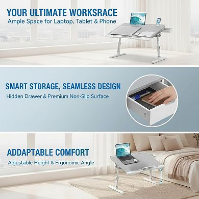 KSIZUIS Leather Top Bed Desk - XL Adjustable & Foldable Tray with Drawer for Bed, Couch, Floor