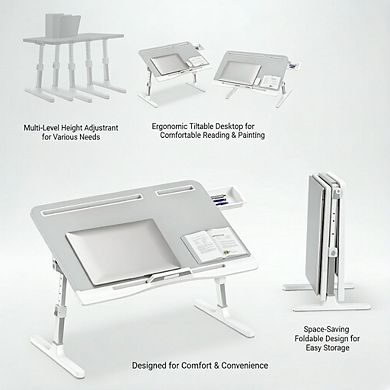 KSIZUIS Leather Top Bed Desk - XL Adjustable & Foldable Tray with Drawer for Bed, Couch, Floor