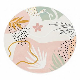 Boho Round Area Rug Washable, Non-Slip, Botanical Circle