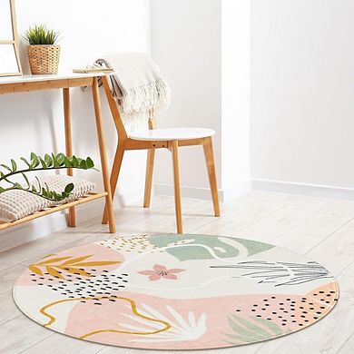 Boho Round Area Rug Washable, Non-Slip, Botanical Circle