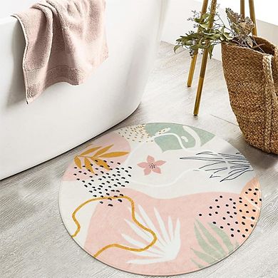 Boho Round Area Rug Washable, Non-Slip, Botanical Circle
