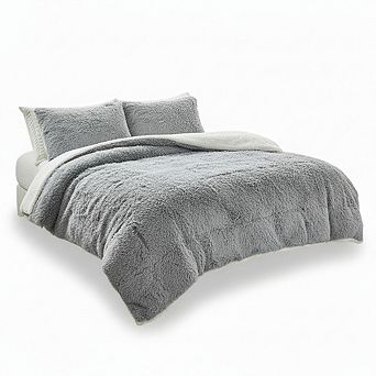 Shaggy Faux Fur Comforter Set Full/Queen, 3 pc Gray Sherpa Plush Winter Bedding