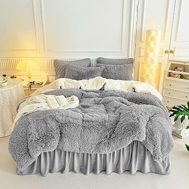 Shaggy Faux Fur Comforter Set Full/Queen, 3pc Gray Sherpa Plush Winter Bedding