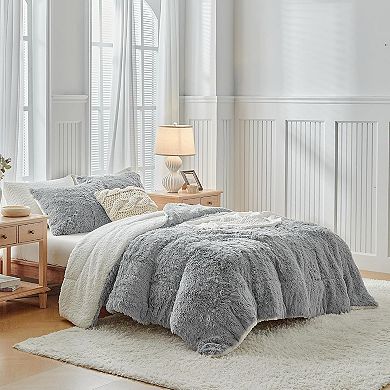 Shaggy Faux Fur Comforter Set Full/Queen, 3pc Gray Sherpa Plush Winter Bedding