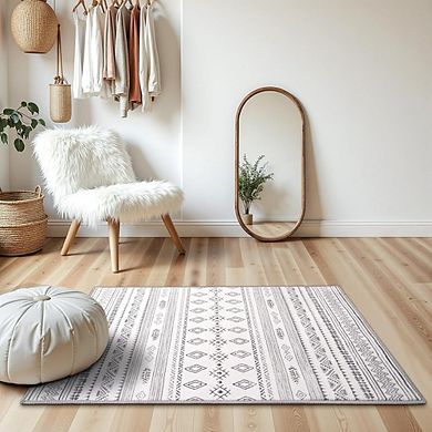 Grey 2x3 Boho Washable Rug with Non-Slip Backing Soft Geometric Floor Mat