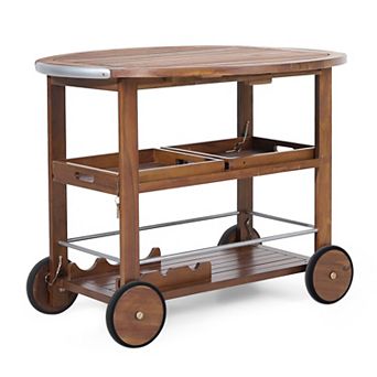 Merax 2 tier Rolling Bar Cart, Wood and Aluminum Serving Trolley with Shelves, Oak and Silver Finish