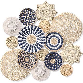 KSIZUIS 15 pc Boho Wall Basket Set - Handwoven Rattan & Seagrass Decor for Living Room, Bedroom