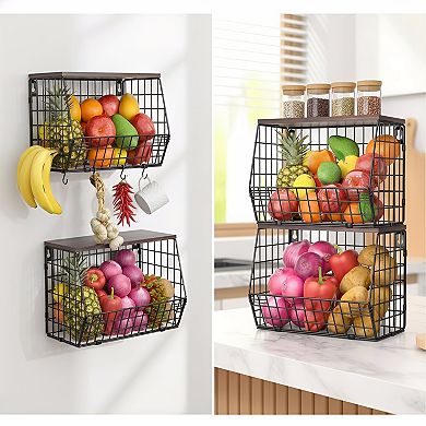Kitchen Counter Fruit Storage with Stackable Baskets and Banana Hanger