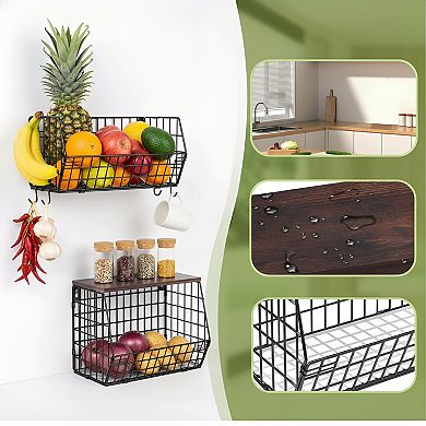 Kitchen Counter Fruit Storage with Stackable Baskets and Banana Hanger