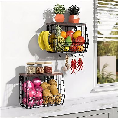 Kitchen Counter Fruit Storage with Stackable Baskets and Banana Hanger