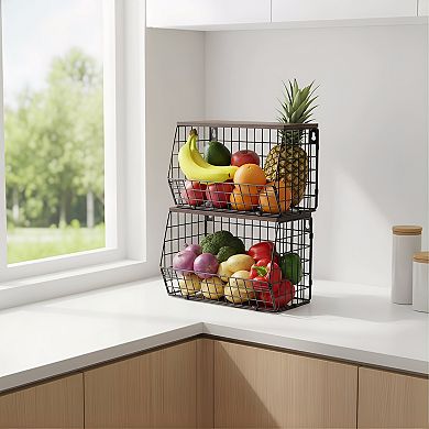 Kitchen Counter Fruit Storage with Stackable Baskets and Banana Hanger