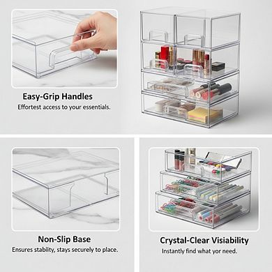 KSIZUIS 6-Pack Clear Stackable Drawers - Plastic Organizer Set for Bathroom & Pantry Cabinet